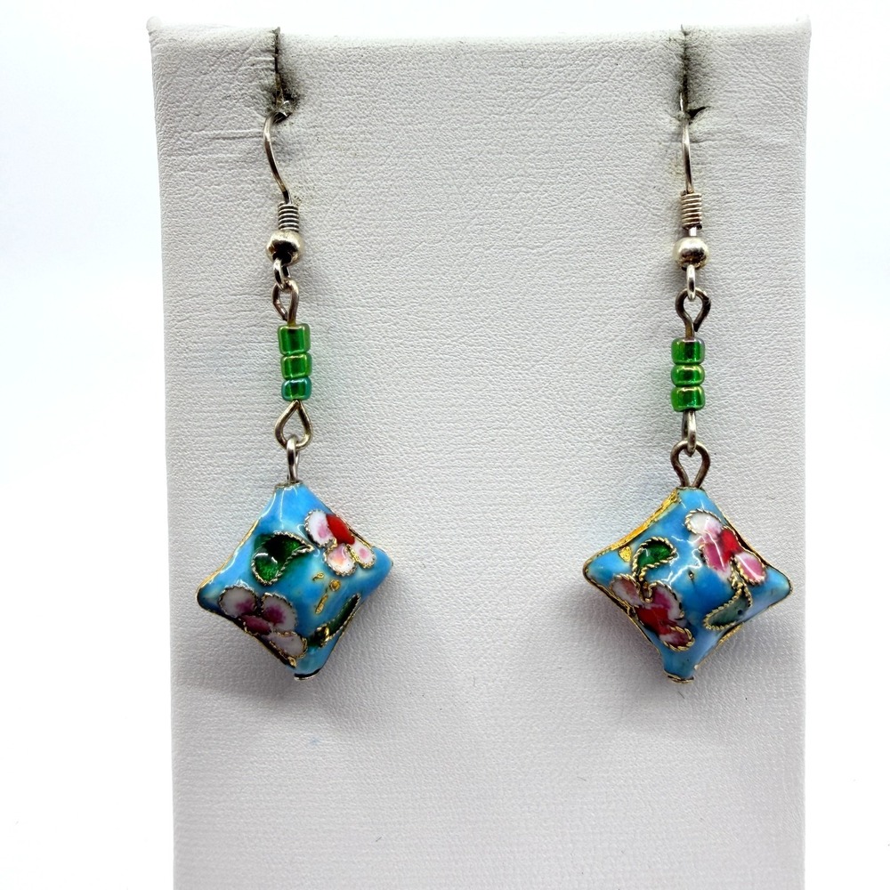 Floral Enamel Diamond Shape Dangle Earrings Boho Cottagecore Statement Jewelry